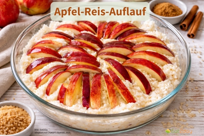 Eine runde Glasauflaufform mit Apfel-Reis-Auflauf: Auf einer Schicht Milchreis sind rot-gelbe Apfelscheiben fächerförmig angeordnet. Im oberen Bildbereich steht der Titel ‚Apfel-Reis-Auflauf‘.