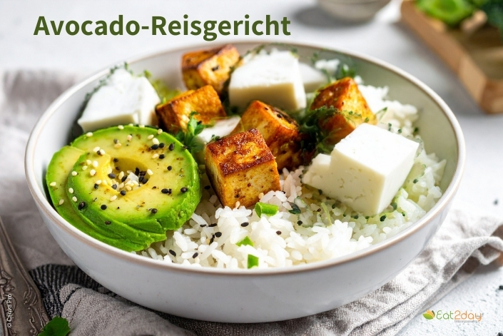 Eine Schüssel mit Avocado-Reisgericht: weißer Reis, gebratene Tofuwürfel, frische Avocadoscheiben und weiße Käsewürfel, bestreut mit Sesam und Kräutern. Oben im Bild steht der Titel ‚Avocado-Reisgericht‘.