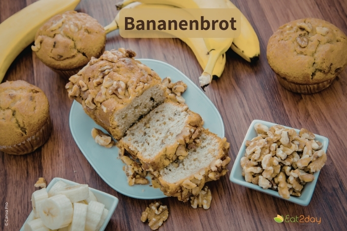 Ein angeschnittenes Bananenbrot mit Walnüssen auf einem Teller, daneben liegen Bananen, Muffins, Bananenscheiben und eine Schale mit Walnüssen auf einem Holztisch. Oben im Bild steht der Titel ‚Bananenbrot‘.