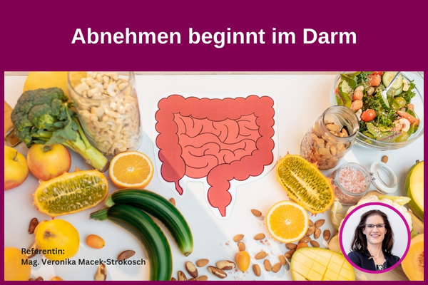 Auf einer Tischplatte liegen verschiedene Lebensmittel. In der Mitte ist ein Darm abgebildet.