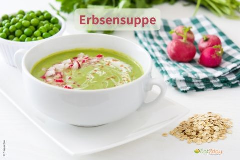 Eine weiße Tasse mit cremiger grüner Erbsensuppe, garniert mit einem Klecks Schlagobers und fein gewürfelten Radieschen. Daneben steht eine Schale mit Erbsen, frische Radieschen liegen auf einem karierten Tuch und einige Haferflocken. Oben im Bild steht der Titel ‚Erbsensuppe‘.