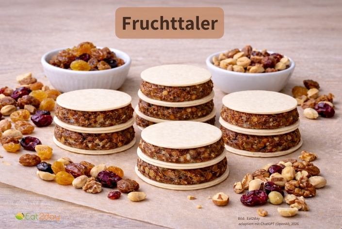 Mehrere runde Fruchttaler aus einer Nuss- und Trockenfruchtmasse, jeweils mit einer hellen Oblate oben und unten, sind gestapelt auf Backpapier angerichtet. Daneben liegen Schälchen mit Nüssen und getrockneten Früchten. Oben im Bild steht der Titel ‚Fruchttaler‘.