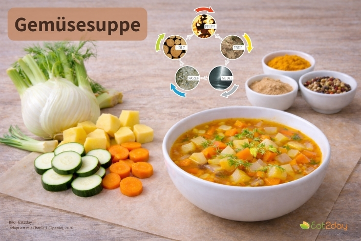 Gemüsesuppe in einer weißen Schale auf einem Holztisch. In der Suppe sind gewürfelte Kartoffeln, Karotten, Fenchel und Zwiebeln in einer goldgelben Brühe zu sehen, garniert mit etwas Fenchelgrün. Links neben der Schale liegen die frischen Zutaten: eine ganze Fenchelknolle mit Grün, Kartoffelwürfel, Karottenscheiben und Zucchinischeiben. Rechts stehen kleine weiße Schälchen mit Gewürzen. Zwischen Zutaten und Schale ist klein eine Grafik der fünf TCM-Elemente eingefügt.