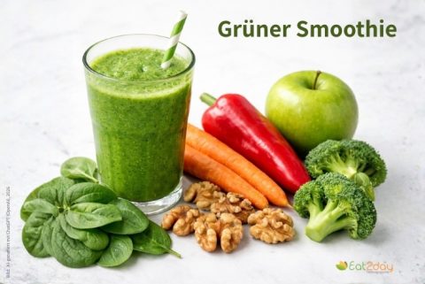 Ein Glas mit grünem Smoothie und Strohhalm, umgeben von frischen Zutaten: Spinatblätter, Karotten, roter Paprika, grüner Apfel, Brokkoli und Walnüsse. Oben im Bild steht der Titel ‚Grüner Smoothie‘.