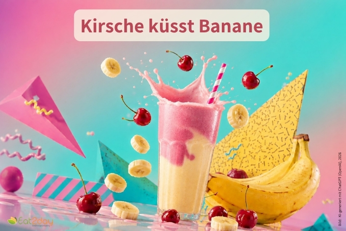 Smoothie mit rosa-gelbem Farbverlauf, Kirschen und Bananen in farbenfrohem Retro-Design.. Oben steht der Titel „Kirsche küsst Banane“.