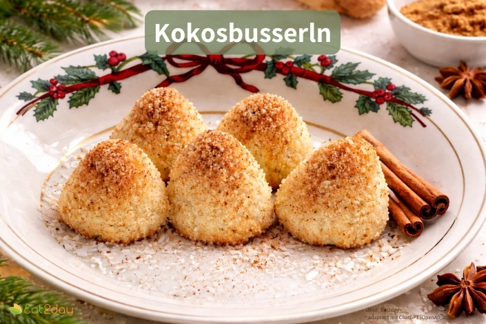Ein Teller mit fünf kuppelförmigen Kokosbusserln, goldbraun gebacken und mit Puderzucker bestäubt. Daneben liegen Zimtstangen und Sternanis; der Teller ist weihnachtlich dekoriert. Oben im Bild steht der Titel ‚Kokosbusserln‘.