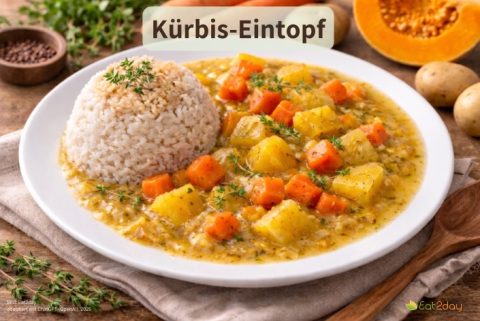 Ein weißer Teller mit Kürbis-Eintopf, bestehend aus gelben Kürbiswürfeln und orangefarbenen Karottenstücken in einer cremigen Soße, daneben eine kuppelförmige Portion Reis. Oben im Bild steht der Titel ‚Kürbis-Eintopf‘.