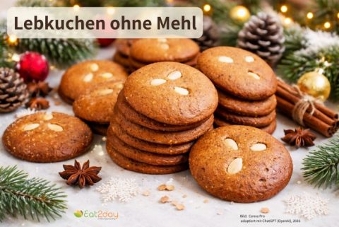 Mehrere runde Lebkuchen sind auf einem weihnachtlich dekorierten Tisch angerichtet. Einige sind mit Mandeln verziert, daneben liegen Tannenzweige, Zimtstangen und Sternanis. Oben links steht der Titel „Lebkuchen ohne Mehl“.