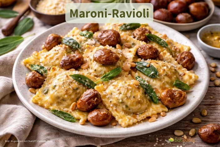 Ein Teller mit goldgelben Maroni-Ravioli, angerichtet mit ganzen gerösteten Kastanien, grünen Salbeiblättern und geriebenem Käse. Im oberen Bildbereich steht der Titel ‚Maroni-Ravioli‘.