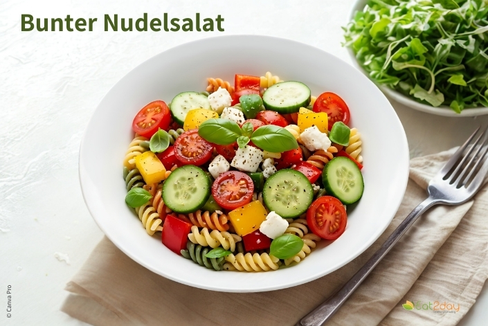 Eine weiße Schüssel mit Nudelsalat aus Spiralnudeln, halbierten Kirschtomaten, Gurkenscheiben, Paprikawürfeln und weißen Käsewürfeln, garniert mit frischem Basilikum. Oben im Bild steht der Titel ‚Bunter Nudelsalat‘.