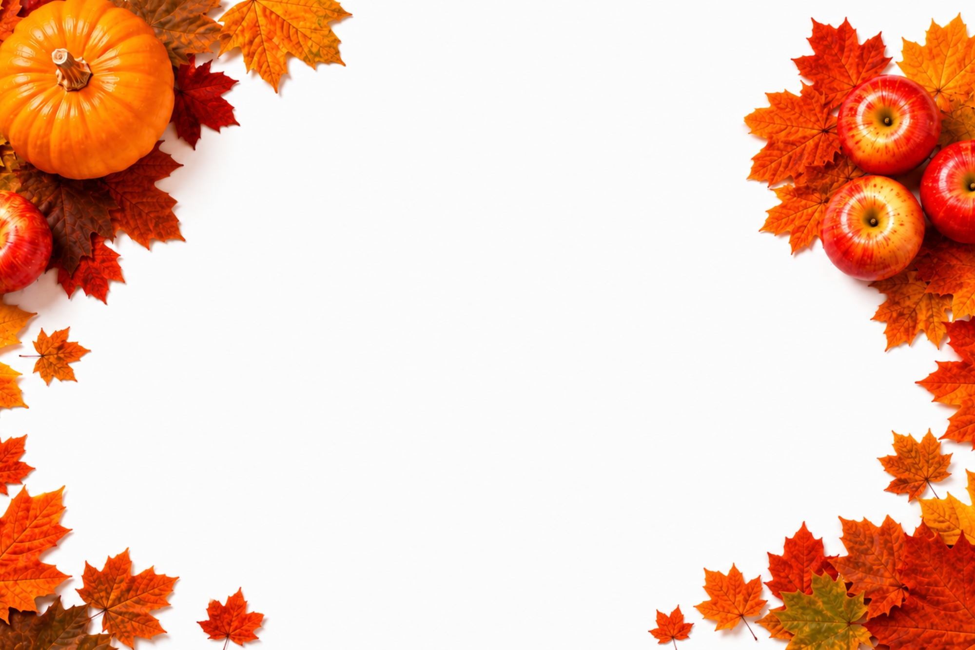 Herbstblätter, orangfarbene runde Kürbisse und rote Äpfel liegen rund um die Tabelle Saisonkalender Herbst.