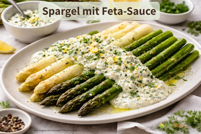 Ein großer Teller mit weißem und grünem Spargel, der mit einer cremigen Feta-Sauce und gehackten Kräutern übergossen ist. Im Hintergrund stehen kleine Schälchen mit Sauce und Gewürzen. Oben im Bild steht der Titel ‚Spargel mit Feta-Sauce‘.