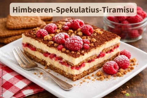 Ein Stück Himbeer-Spekulatius-Tiramisu mit Mascarponecreme, Spekulatiuskeksen und Himbeeren auf einem weißen Teller, mit Kakao bestäubt und mit Himbeeren dekoriert. Oben rechts steht der Titel „Himbeer-Spekulatius-Tiramisu“.